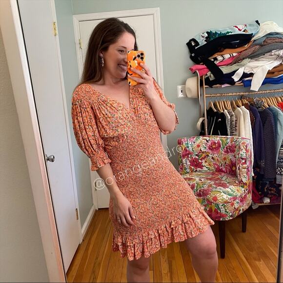 FAITHFULL THE BRAND Pink Yellow Dainty Floral Smocked V Neck Mini Dress M - Picture 5 of 14